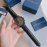 Tommy Hilfiger Aden Chronograph Black Dial Black Leather Strap Watch for Men - 1791310