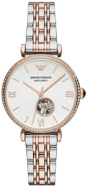 Emporio Armani Meccannico Gianni T-Bar Analog White Dial Two Tone Steel Strap Watch For Women - AR60019