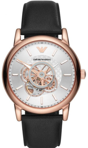 Emporio Armani Luigi Automatic Skeleton Silver Dial Black Leather Strap Watch For Men - AR60013