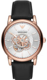 Emporio Armani Luigi Automatic Skeleton Silver Dial Black Leather Strap Watch For Men - AR60013