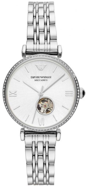 Emporio Armani Meccanico Gianni T-Bar Automatic Silver Dial Silver Steel Strap Watch For Women - AR60022