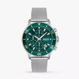 Hugo Boss Admiral Chronograph Green Dial Silver Mesh Bracelet Watch for Men - 1513905