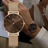 Daniel Wellington Petite Melrose Brown Dial Rose Gold Mesh Strap Watch For Women - DW00100477