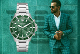 Emporio Armani Diver Chronograph Green Dial Silver Steel Strap Watch For Men - AR11500