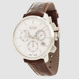 Hugo Boss Slim Chronograph White Dial Brown Leather Strap Watch For Men - 1513263