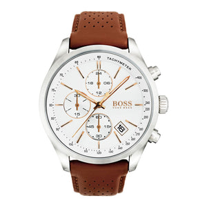 Hugo Boss Grand Prix Chronograph White Dial Brown Leather Strap Watch for Men - 1513475