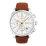 Hugo Boss Grand Prix Chronograph White Dial Brown Leather Strap Watch for Men - 1513475