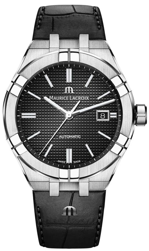 Maurice Lacroix Aikon Date Automatic Black Dial Black Leather Strap Watch For Men - AI6008-SS001-330-1