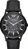 Emporio Armani Meccanico Automatic Skeleton Black Dial Black Leather Strap Watch For Men - AR60042
