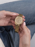 Guess Heiress Multifunction Diamonds Gold Dial Gold Steel Strap Watch for Women - GW0440L2