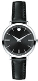 Movado Ultra Slim Black Dial Black Leather Strap Watch For Women - 0607094
