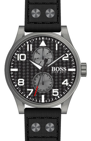 Hugo Boss Aeroliner Chronograph Black Dial Black Leather Strap Watch For Men - 1513086
