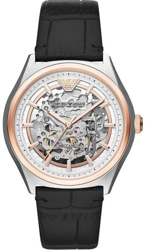 Emporio Armani Zeta Automatic Skeleton Silver Dial Black Leather Strap Watch For Men - AR60018