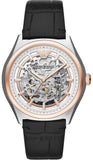 Emporio Armani Zeta Automatic Skeleton Silver Dial Black Leather Strap Watch For Men - AR60018