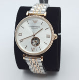Emporio Armani Meccannico Gianni T-Bar Analog White Dial Two Tone Steel Strap Watch For Women - AR60019