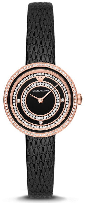 Emporio Armani Rosa Two Hand Black Dial Black Leather Strap Watch For Women - AR11493
