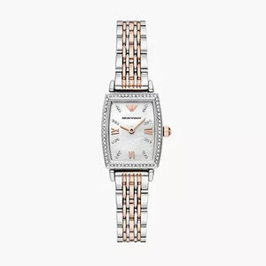 Emporio Armani Gianni T Bar White Mother Of Pearl Dial Two Tone Steel Strap Watch For Women - AR11519