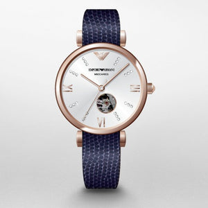 Emporio Armani Meccanico Gianni T-Bar Silver Dial Blue Leather Strap Watch For Women - AR60020