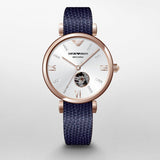 Emporio Armani Meccanico Gianni T-Bar Silver Dial Blue Leather Strap Watch For Women - AR60020
