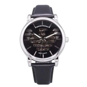 Emporio Armani Meccanico Automatic Skeleton Black Dial Black Leather Strap Watch For Men - AR60040