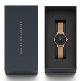 Daniel Wellington Classic Petite Melrose Black Dial Rose Gold Mesh Bracelet Watch For Women - DW00100217