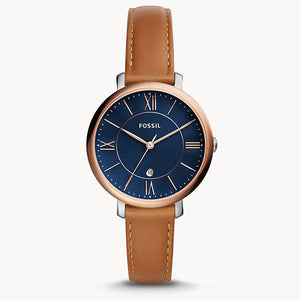 Fossil Jacqueline Three Hand Date Luggage Blue Dial Brown Leather Strap Watch for Women - ES4274