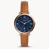 Fossil Jacqueline Three Hand Date Luggage Blue Dial Brown Leather Strap Watch for Women - ES4274