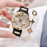 Guess Frontier Diamonds Gold Dial Black Rubber Strap Watch For Women - W1160L1