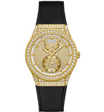 Guess Princess Crystals Gold Dial Black Silicone Strap Watch For Women - GW0439L2
