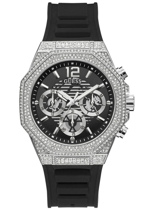 Guess Momentum Chronograph Crystals Black Dial Black Silicone Strap Watch For Men - GW0518G1