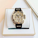 Guess Queen Quartz Gold Dial Black Silicone Strap Watch For Women - GW0536L3