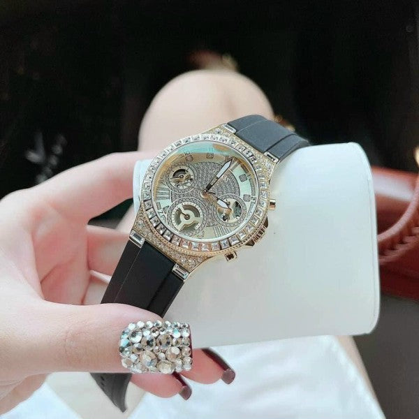 Guess Moonlight Crystals Silver Dial Black Silicone Strap Watch For Women - GW0257L1