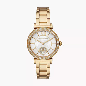 Michael Kors Abbey Three-Hand Analog White Dial Gold Steel Strap Watch for Women - MK4615