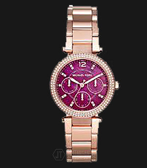 Michael Kors Mini Parker Multi-Function Plum Mother of Pearl Dial Rose Gold Steel Strap Watch For Women - MK6403