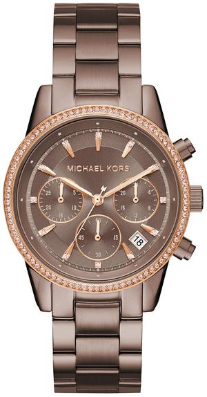 Michael Kors Ritz Chronograph Brown Dial Brown Steel Strap Watch For Women - MK6529