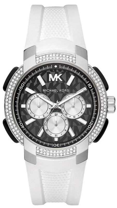 Michael Kors Sidney Multifunction Black Dial White Silicone Strap Watch For Women - MK6947