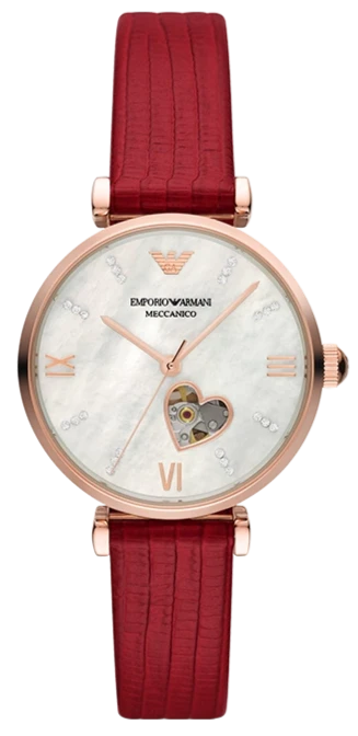 Emporio Armani Meccanico Gianni T-Bar Mother of Pearl White Dial Red Leather Strap Watch For Women - AR60048