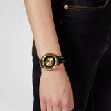 Versace Shadov Quartz Gold Dial Black Leather Strap Watch for Women - VEBM00318