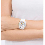 Guess Wanderlust Crystals Silver Dial White Rubber Strap Watch for Women - W1059L1