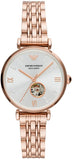 Emporio Armani Meccanico Gianni T-Bar Silver Dial Rose Gold Steel Strap Watch For Women - AR60023
