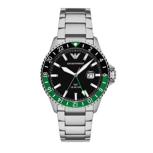Emporio Armani Sea Explorer GMT Black Dial Silver Steel Strap Watch For Men - AR11589