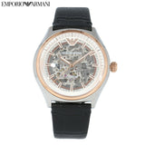 Emporio Armani Zeta Automatic Skeleton Silver Dial Black Leather Strap Watch For Men - AR60018