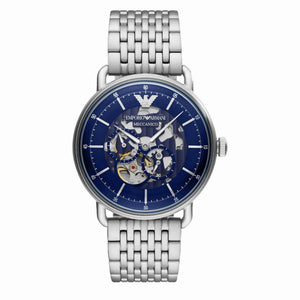 Emporio Armani Aviator Skeleton Blue Dial Silver Mesh Bracelet Watch For Men - AR60024