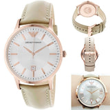 Emporio Armani Classic Quartz Silver Dial Beige Leather Strap Watch For Men - AR2464