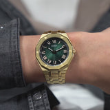 Guess Asset Quartz Green Dial Gold Steel Strap Watch For Men - GW0575G2