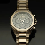 Hugo Boss Classic Chronograph Olive Green Dial Beige Gold Steel Strap Watch For Men - 1514019