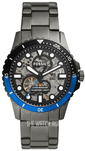 Fossil FB-01 Automatic Skeleton Black Dial Grey Steel Strap Watch for Men - ME3201