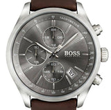 Hugo Boss Grand Prix Chronograph Grey Dial Brown Leather Strap Watch for Men - 1513476