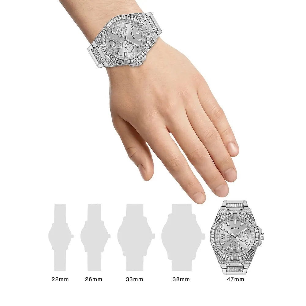 Guess Zeus Multifunction Diamonds Silver Dial Silver Steel Strap Watch for Men - GW0209G1