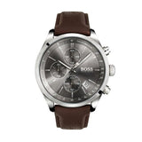 Hugo Boss Grand Prix Chronograph Grey Dial Brown Leather Strap Watch for Men - 1513476